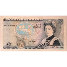 GREAT BRITAIN UK 1973 . FIVE 5 POUNDS BANKNOTE . ERROR . MIS-MATCHED NUMBERS